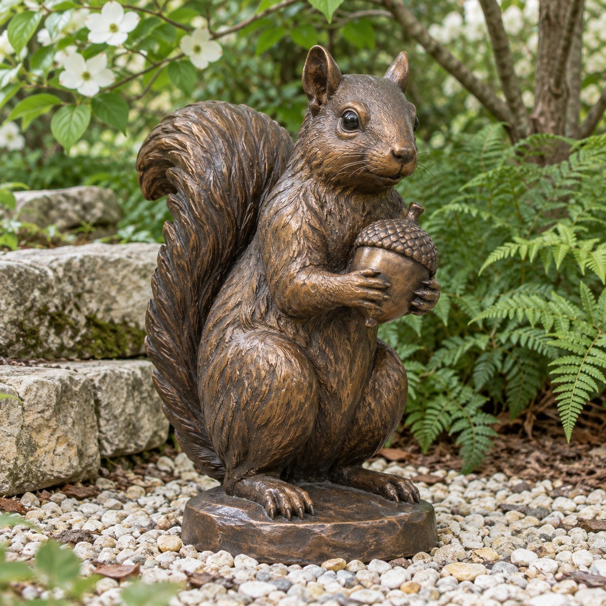 Chestnut Keeper, warm bronze seated squirrel with acorn sculpture in a natural-light setting.
