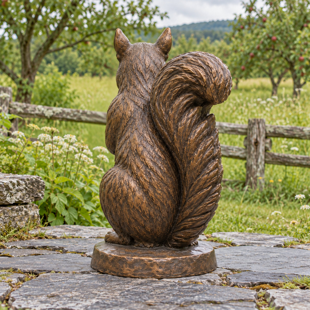 Chestnut Keeper Warm Bronze Seated Squirrel with Acorn sculpture, 180 degree view in Vermont orchard rest area with meadow grasses, split rail timber fence and flat slate pavers.