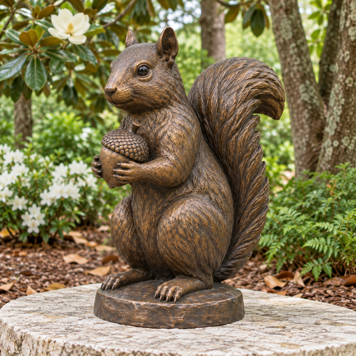 Chestnut Keeper Warm Bronze Seated Squirrel with Acorn sculpture, 315 degree view in Alabama woodland botanical garden with magnolia trunks, mulch and pale stone circular seat.