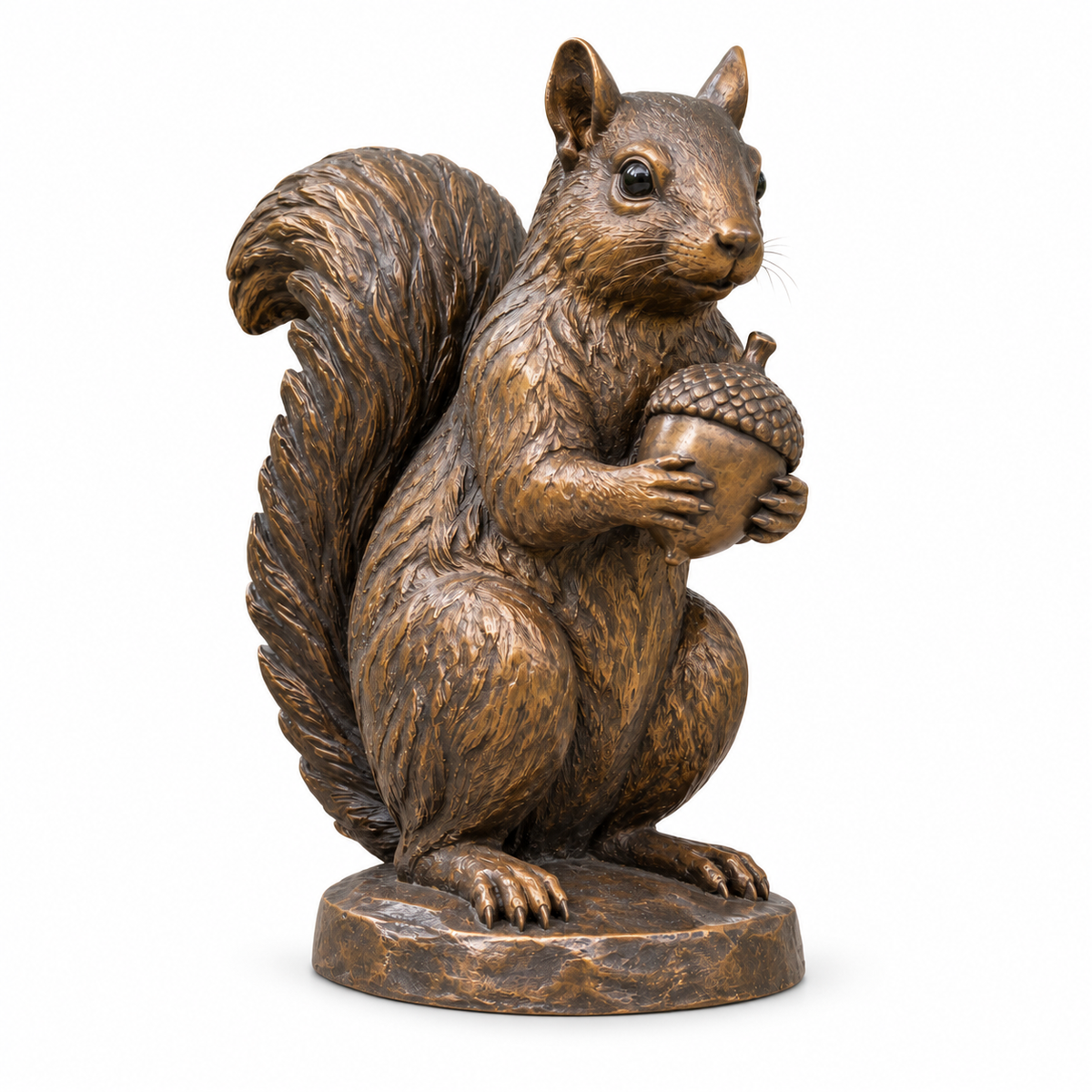Chestnut Keeper, warm bronze seated squirrel with acorn sculpture isolated on white with a soft contact shadow.