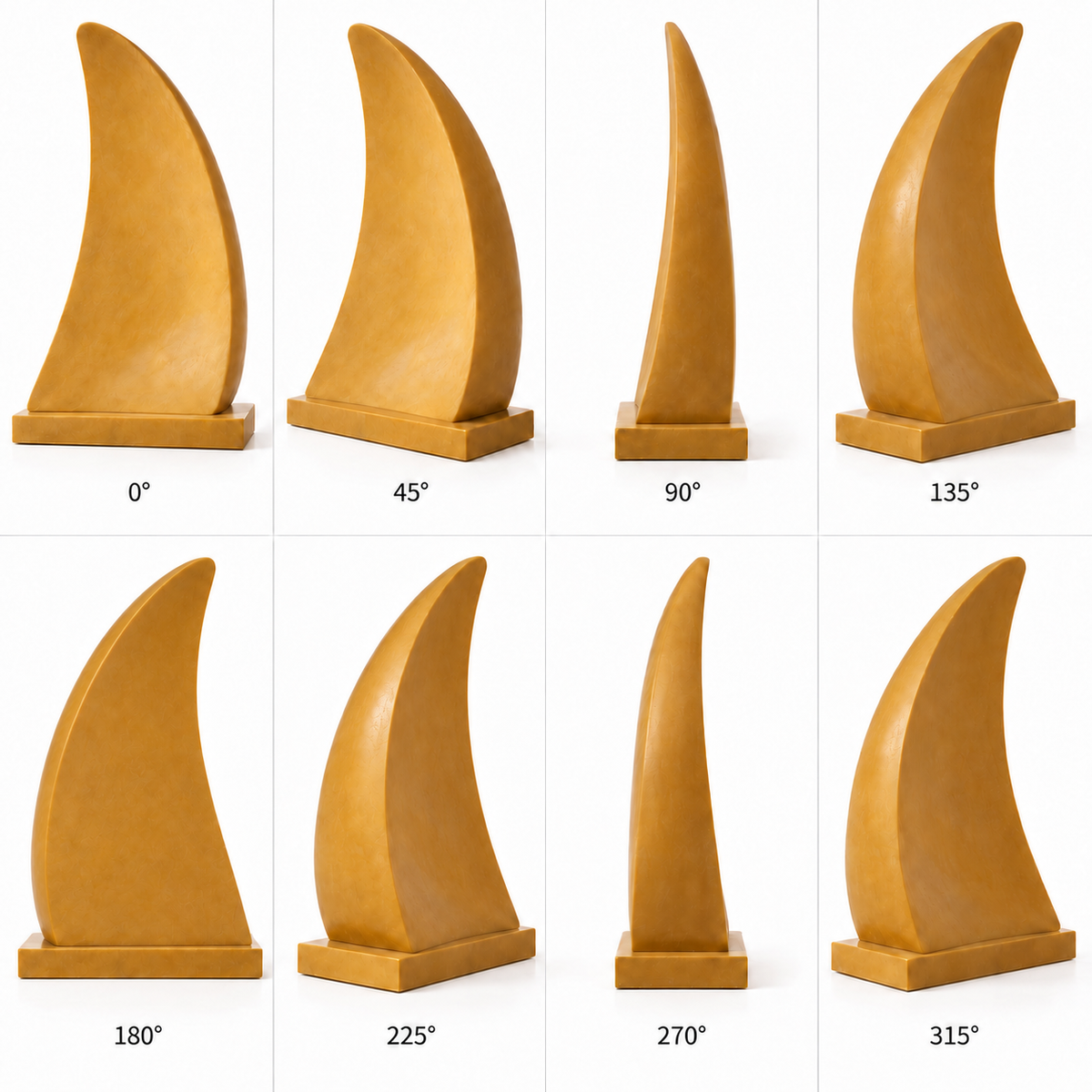 Eight views around Citrine Sail ochre fiberglass abstract curved panel sculpture on a pure white background.