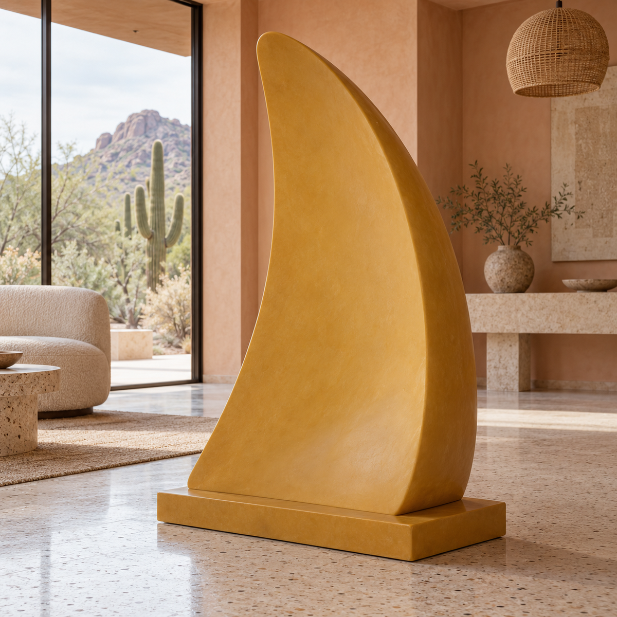 Citrine Sail ochre fiberglass abstract curved panel sculpture in natural daylight.