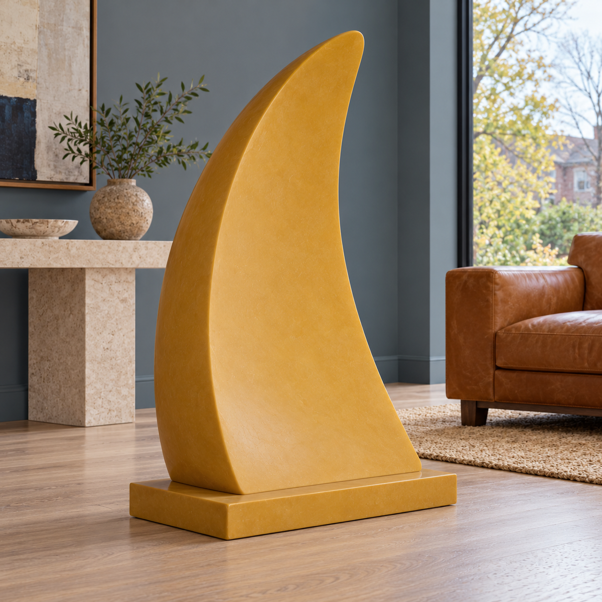 Opposite front three-quarter view of Citrine Sail ochre fiberglass abstract curved panel sculpture.