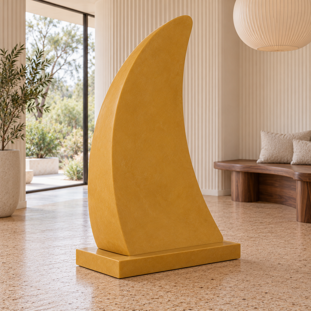 Rear view of Citrine Sail ochre fiberglass abstract curved panel sculpture, showing the back and base.
