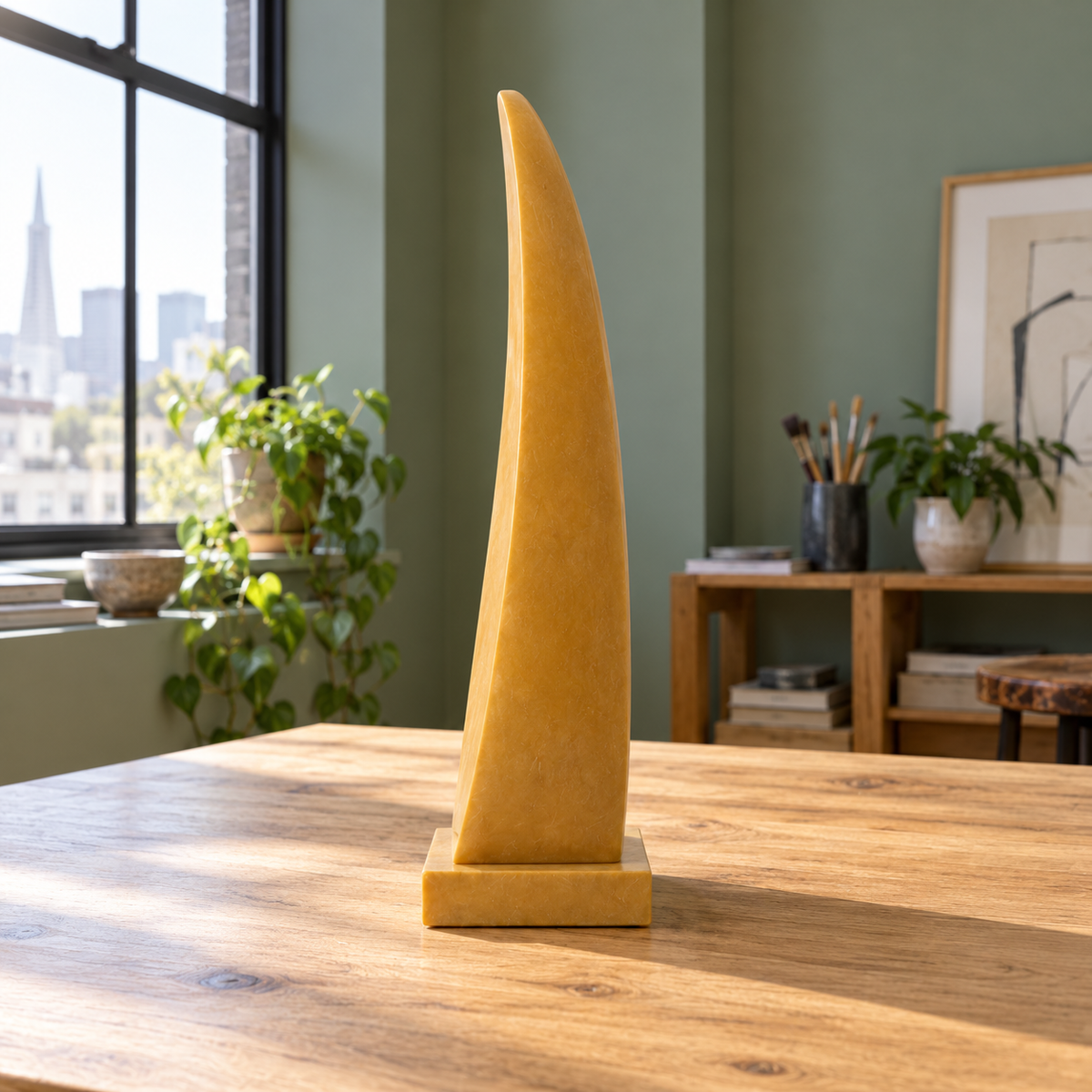Side view of Citrine Sail ochre fiberglass abstract curved panel sculpture.