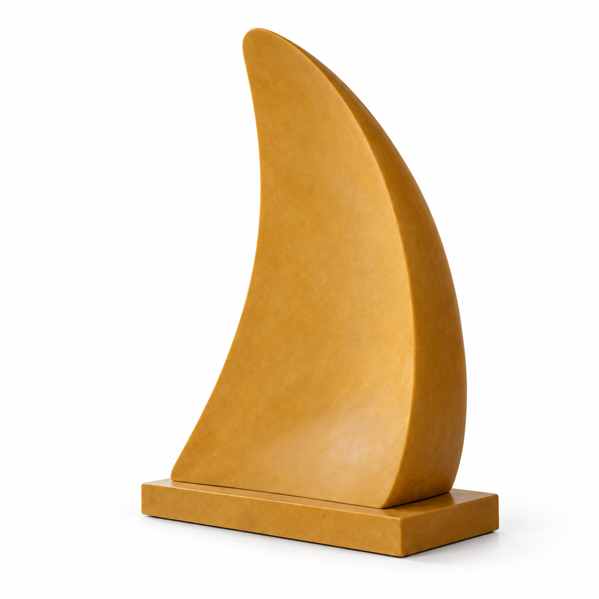 Citrine Sail ochre fiberglass abstract curved panel sculpture isolated on a pure white background with a natural contact shadow.