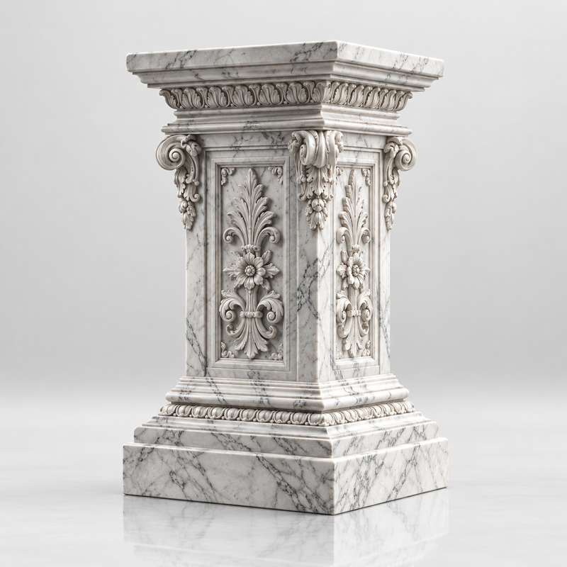 Classical carved white marble sculpture pedestal base with decorative panel details