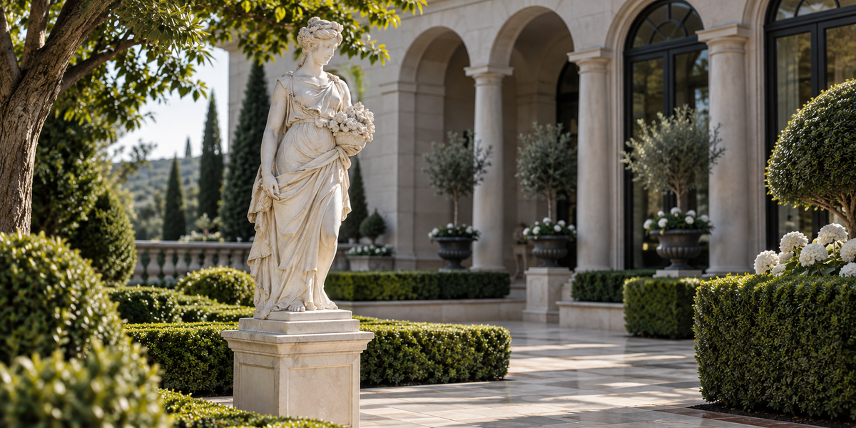 White classical woman sculpture in a formal garden beside an arched building.