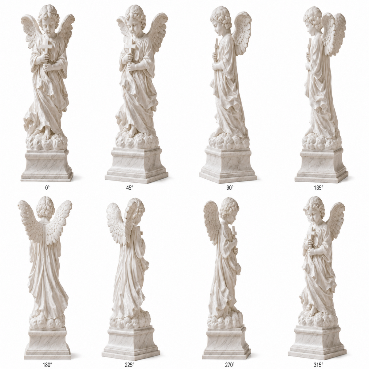 360 degree views of a classical religious marble angel sculpture shown from eight different angles