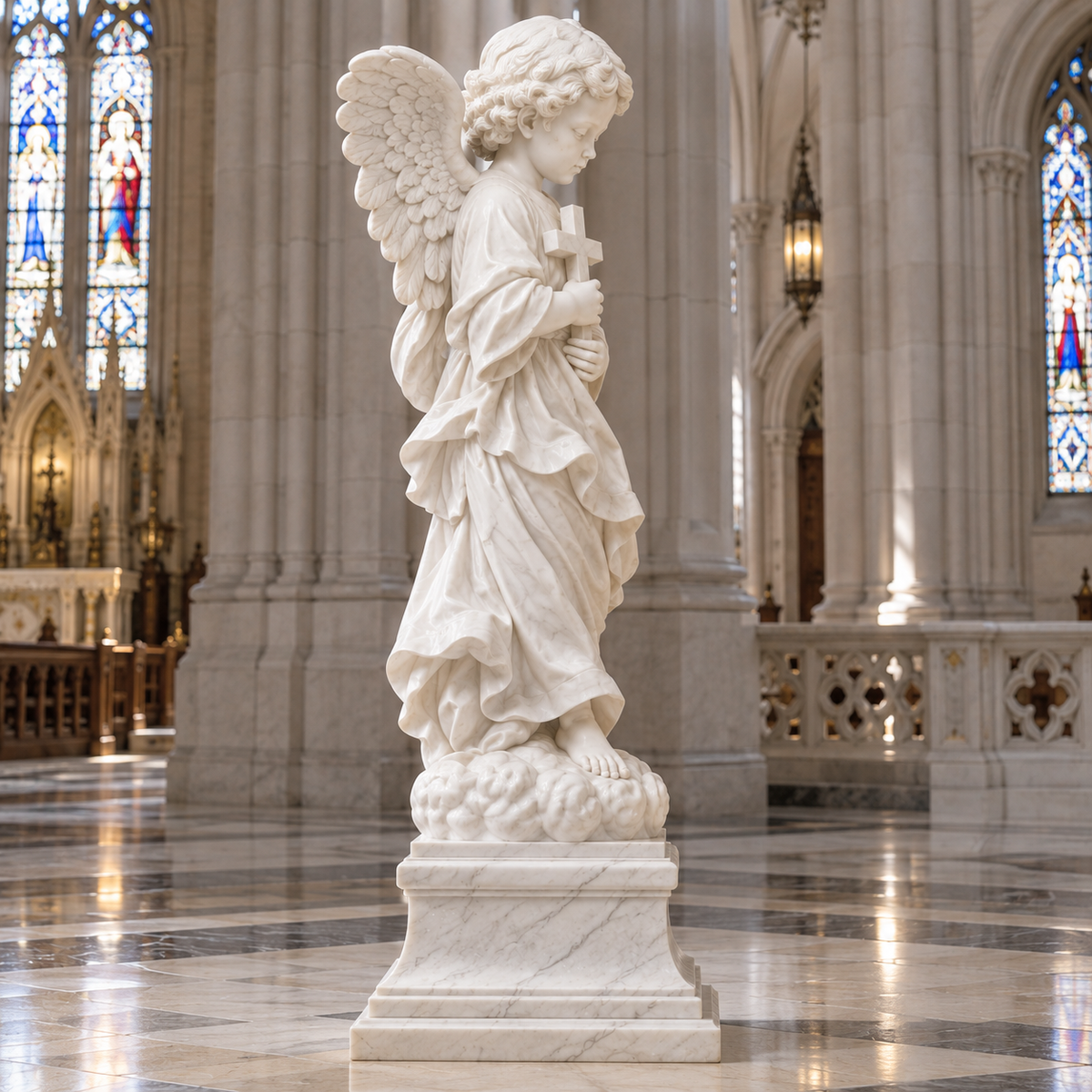 Classical Religious Marble Angel Sculpture — cathedral interior viewed from the side.