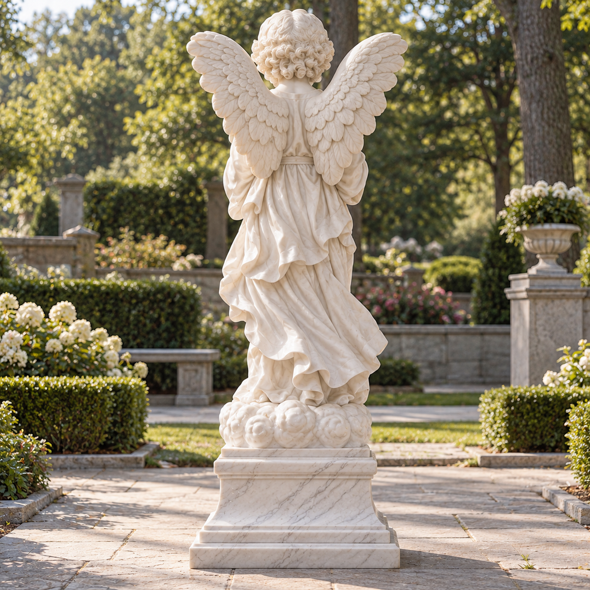 Classical Religious Marble Angel Sculpture — formal garden viewed from behind.