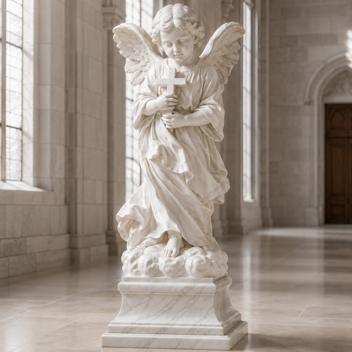 Classical religious marble angel sculpture displayed in a serene indoor architectural setting