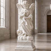 Classical religious marble angel sculpture displayed in a serene indoor architectural setting