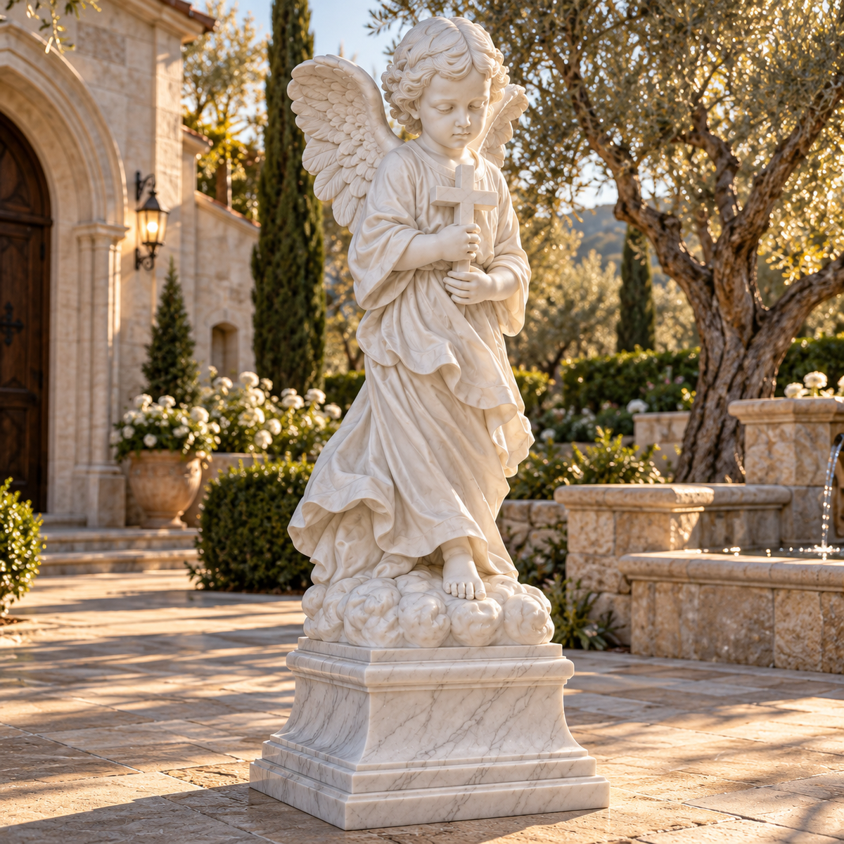 Classical Religious Marble Angel Sculpture — stone chapel courtyard.