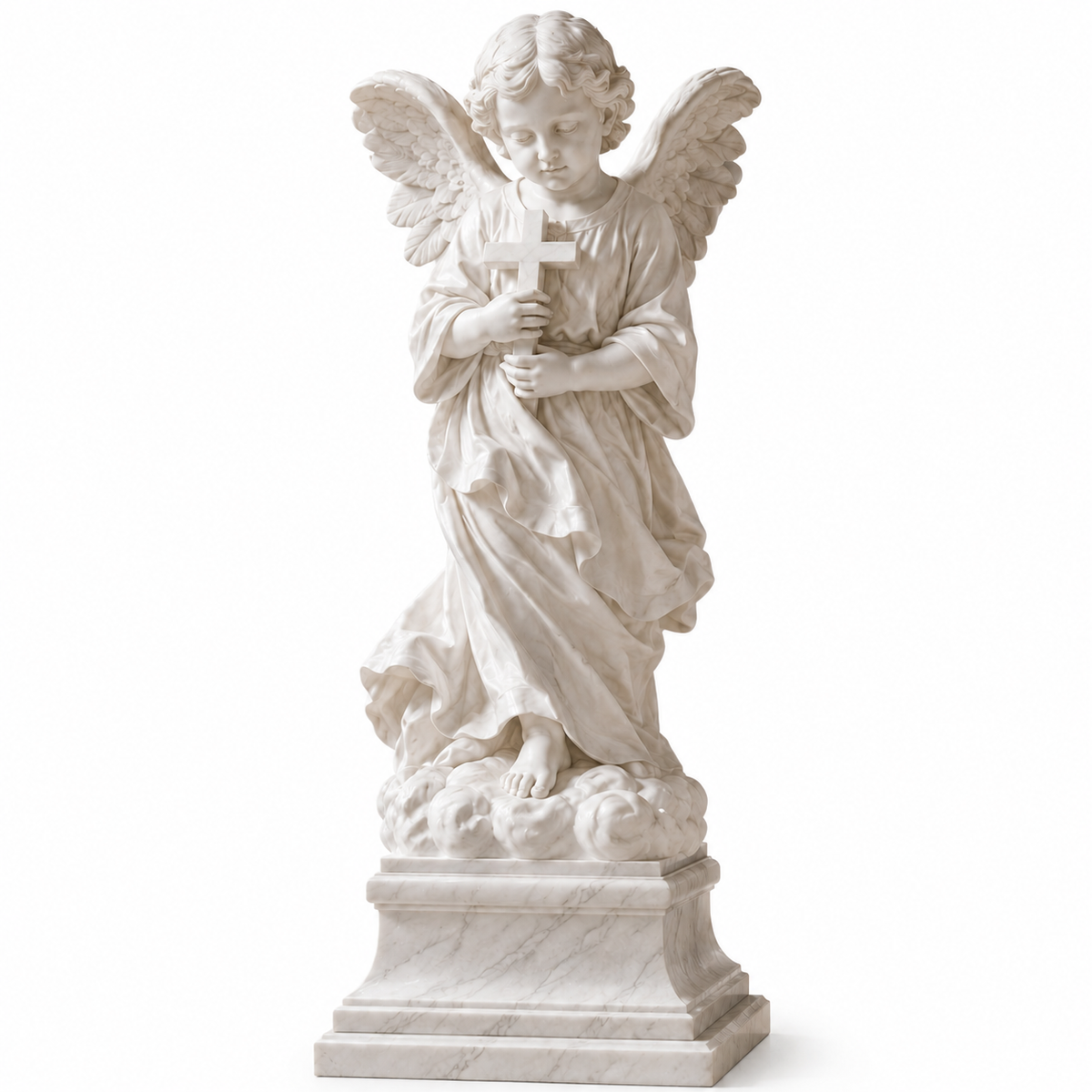 Classical religious marble angel sculpture on a white background featuring a white marble guardian angel statue design