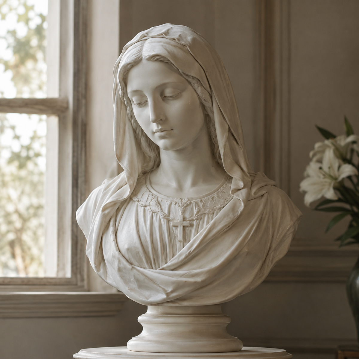 Classical religious marble Virgin Mary bust sculpture displayed in a serene indoor home setting