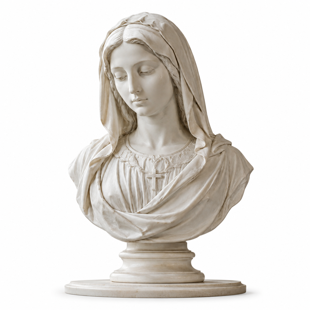 Classical religious marble Virgin Mary bust sculpture on a white background featuring a white marble sacred figure design