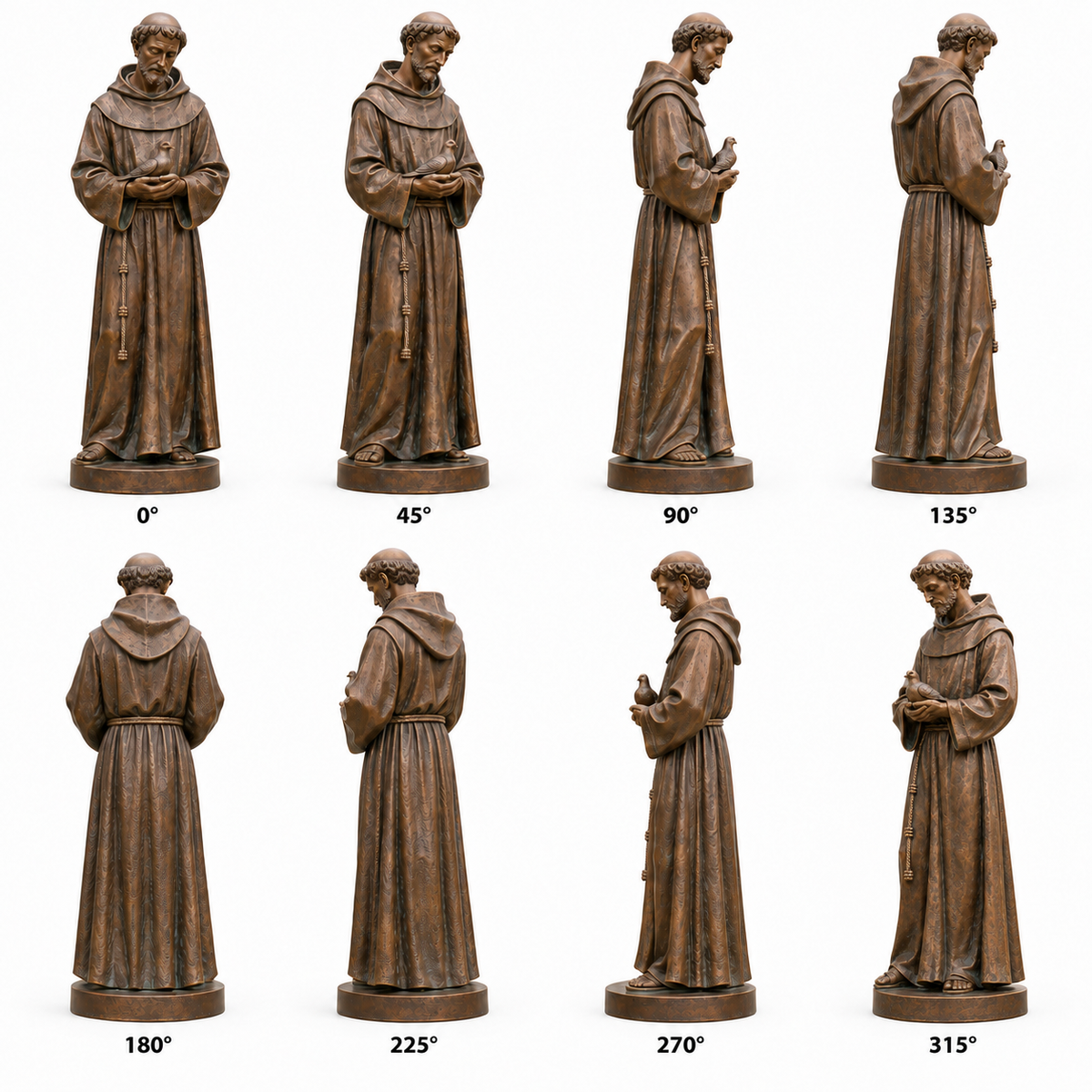 Eight labeled views of the Cloister Peace bronze Saint Francis sculpture holding a dove, showing the front, sides and rear.