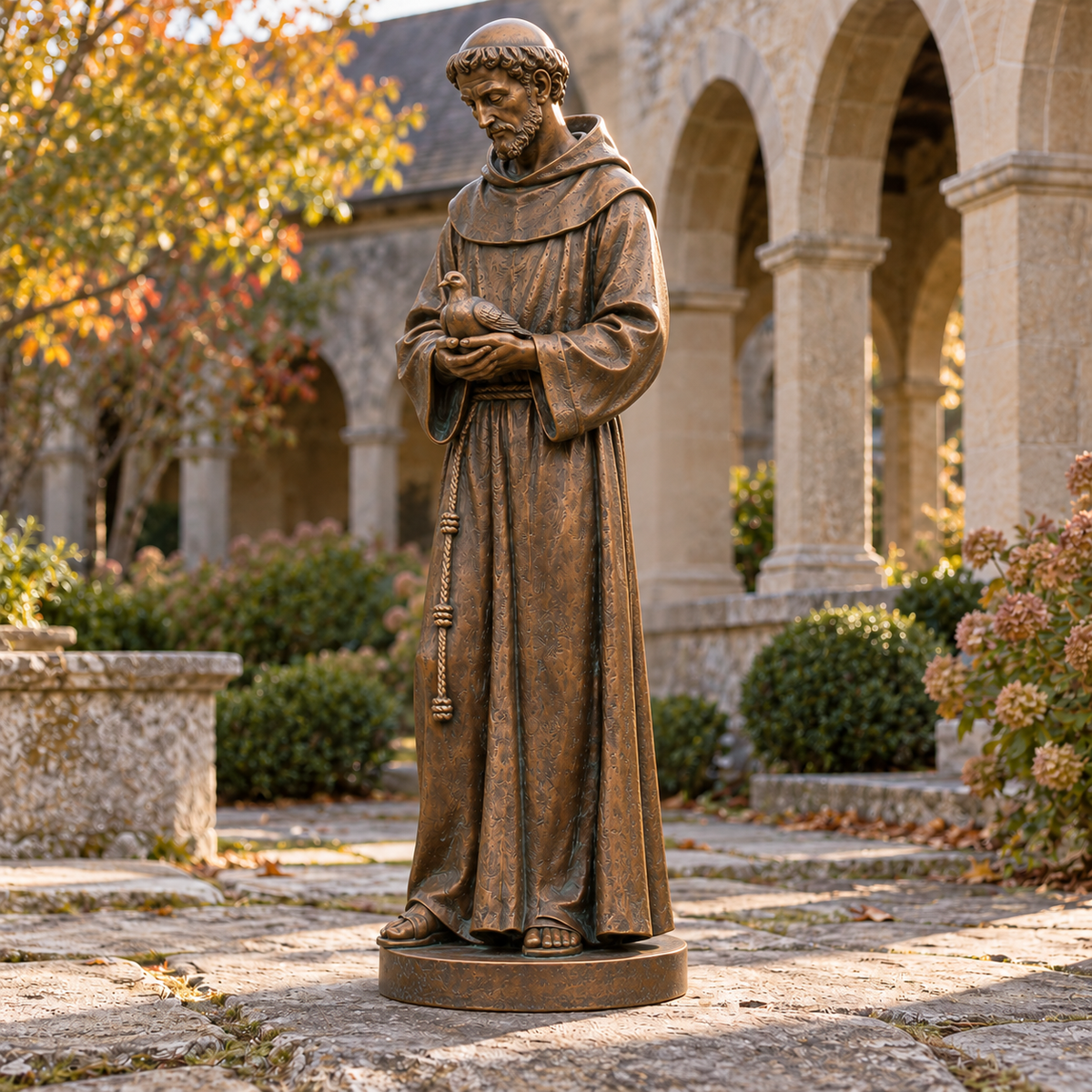 Opposite front three-quarter view of the bronze Saint Francis sculpture holding a dove in a Massachusetts cloister.