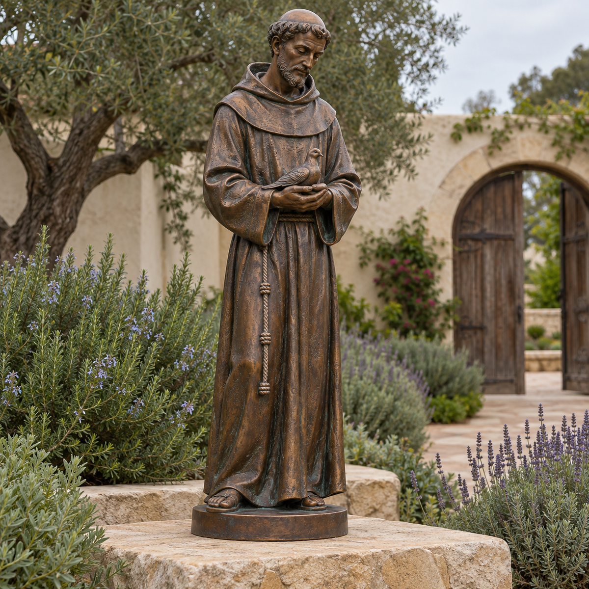 Cloister Peace bronze Saint Francis sculpture holding a dove displayed in a California mission garden.