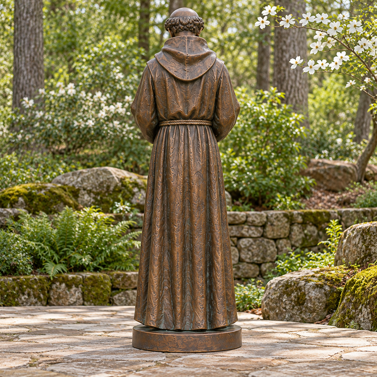 Rear view of the bronze Saint Francis sculpture holding a dove in a North Carolina prayer garden.