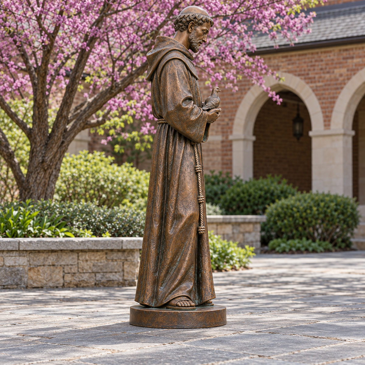 Side view of the bronze Saint Francis sculpture holding a dove in an Ohio parish courtyard.