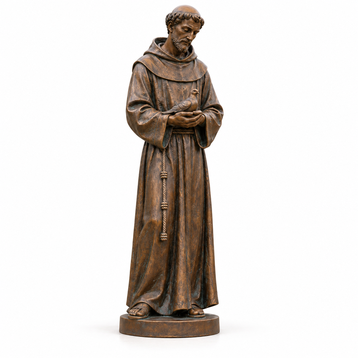 Cloister Peace bronze Saint Francis sculpture holding a dove with its base against a white background.