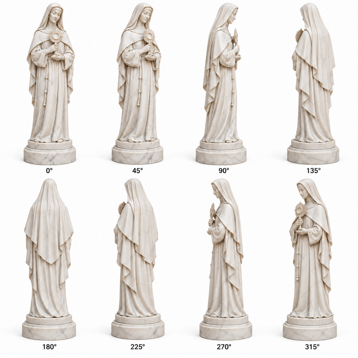 Cloister Radiance, white marble saint clare with monstrance sculpture, eight-angle display on pure white background