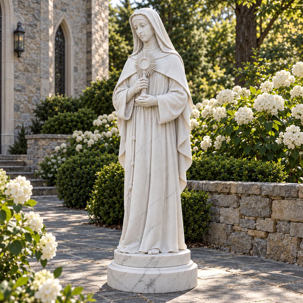 Cloister Radiance, white marble saint clare with monstrance sculpture, front oblique view in Massachusetts retreat gray stone boundary white hydrangeas