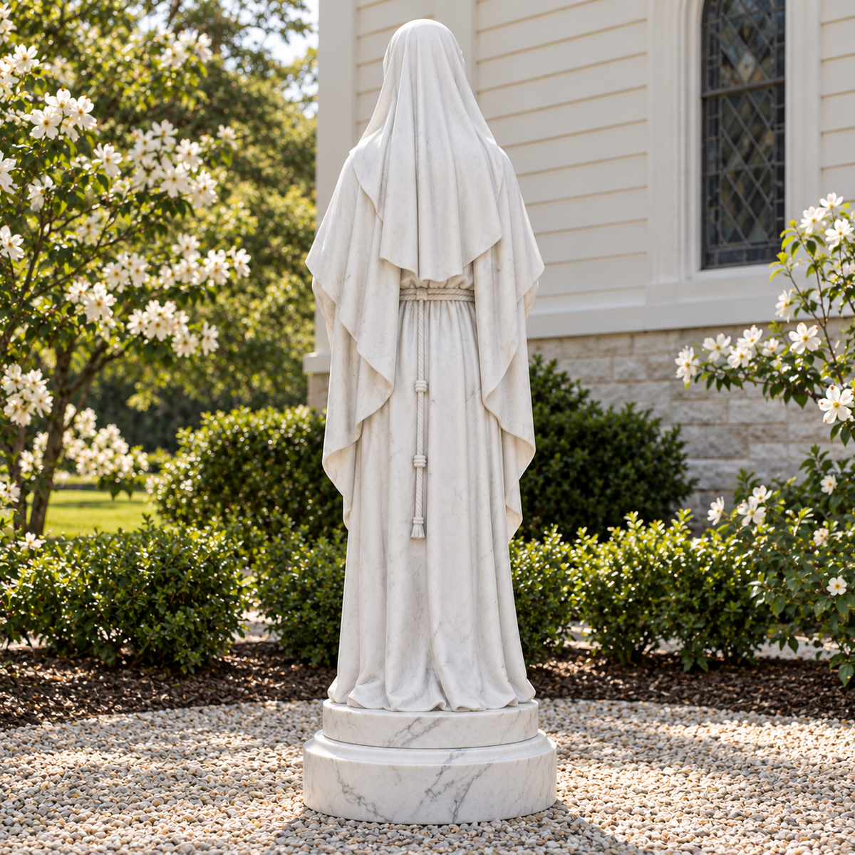 Cloister Radiance, white marble saint clare with monstrance sculpture, rear view in Missouri parish dogwood ivory siding pale gravel