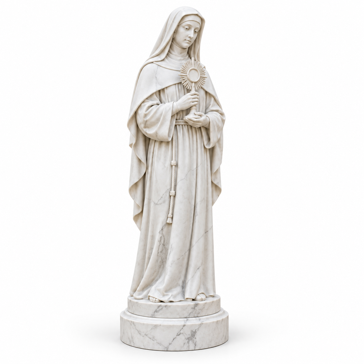 Cloister Radiance, white marble saint clare with monstrance sculpture, isolated on pure white background