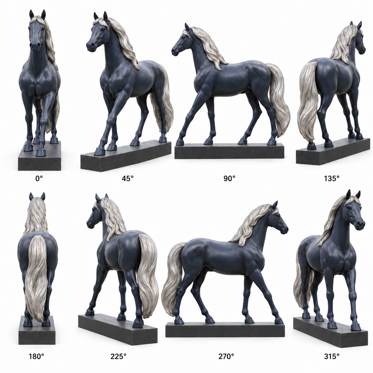 Eight labeled views of the Cobalt Passage midnight-blue fiberglass walking horse sculpture, showing the front, sides and rear.