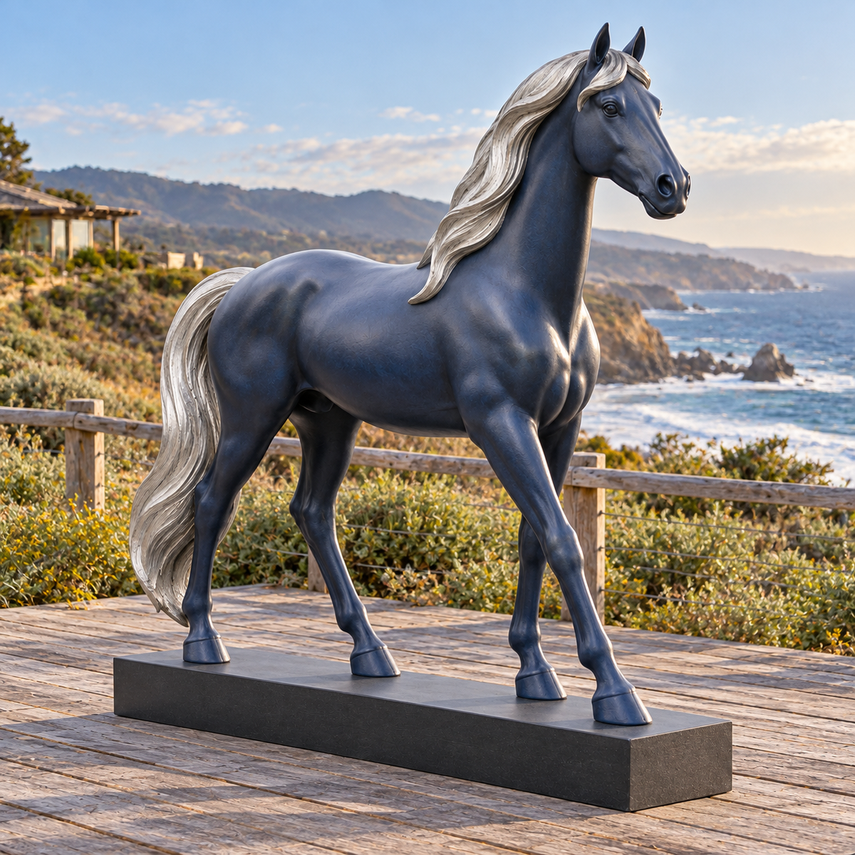 Opposite front three-quarter view of the midnight-blue fiberglass walking horse sculpture in a California coastal overlook.