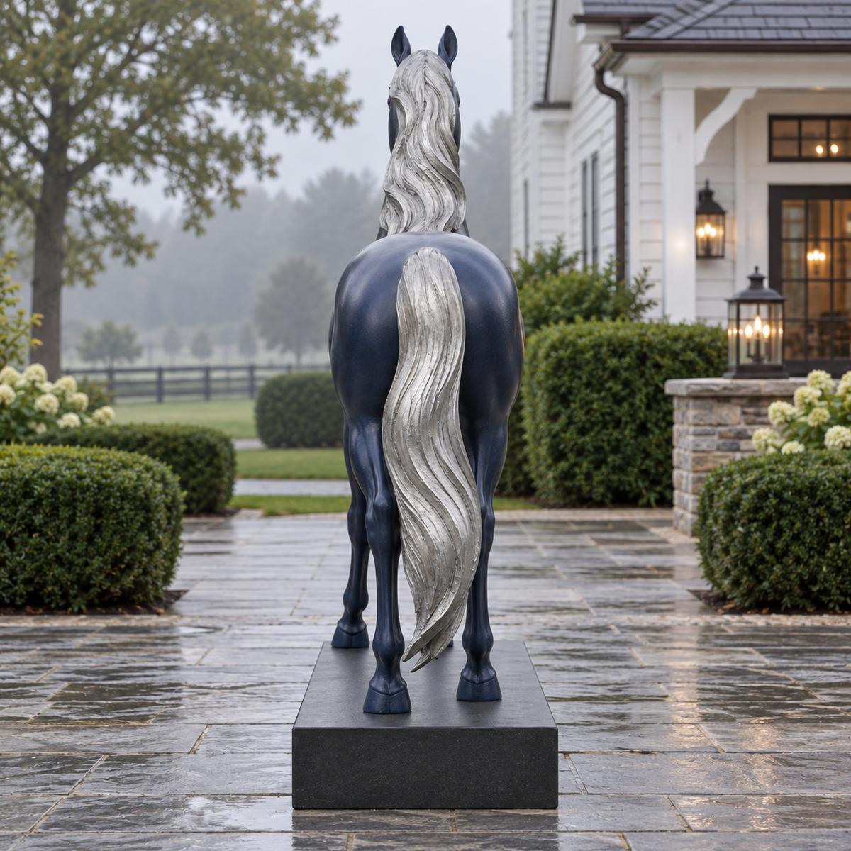 Rear view of the midnight-blue fiberglass walking horse sculpture in a Connecticut equestrian clubhouse.