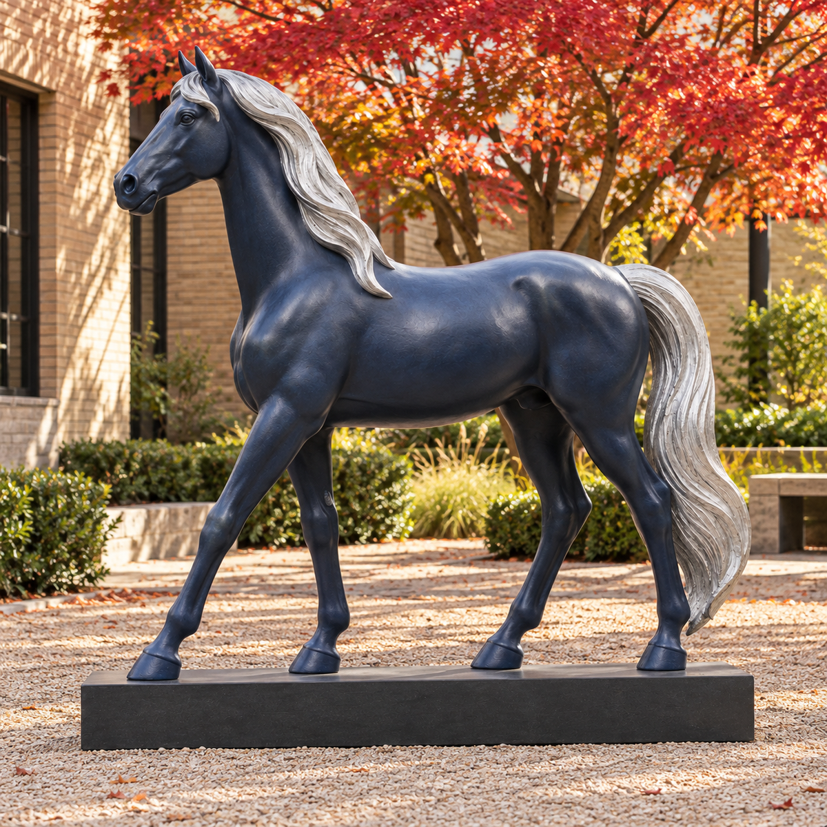 Side view of the midnight-blue fiberglass walking horse sculpture in a Nashville autumn courtyard.