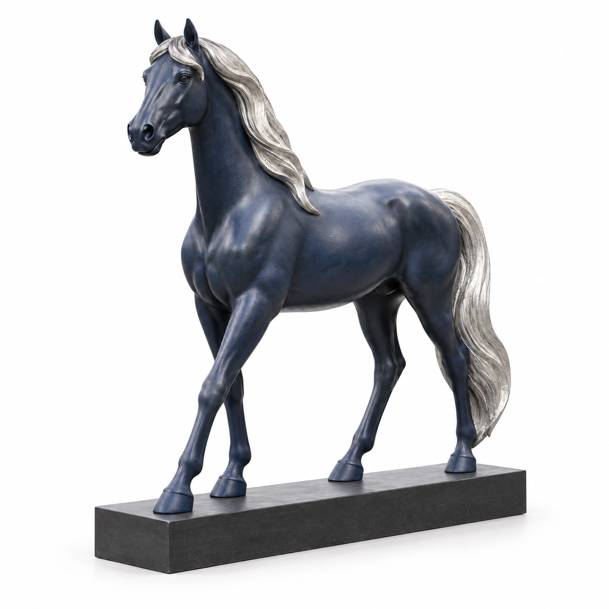 Cobalt Passage midnight-blue fiberglass walking horse sculpture with its base against a white background.