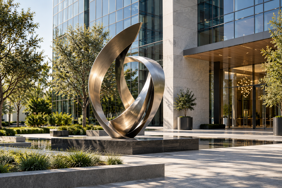 Large abstract sculpture placed at the entrance of a modern commercial building and corporate plaza.