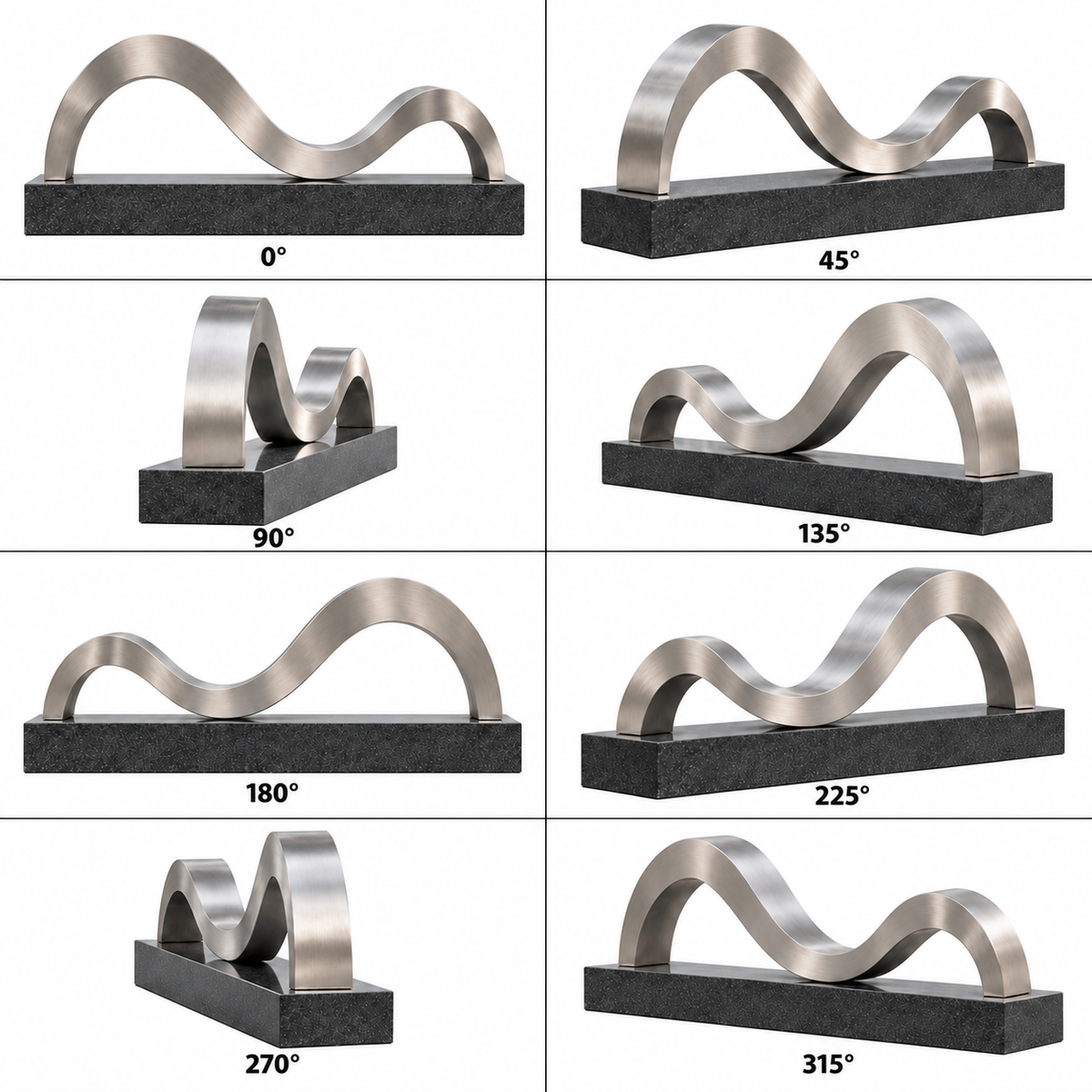 Eight labeled 360-degree views of Continuing Shore brushed stainless steel ribbon memorial sculpture on a pure white background.