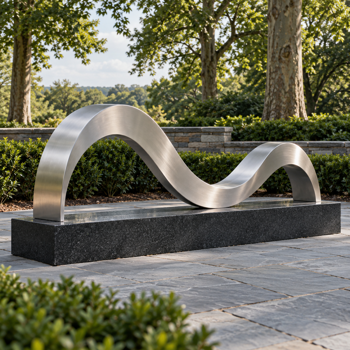 Continuing Shore brushed stainless steel ribbon memorial sculpture photographed in natural light.