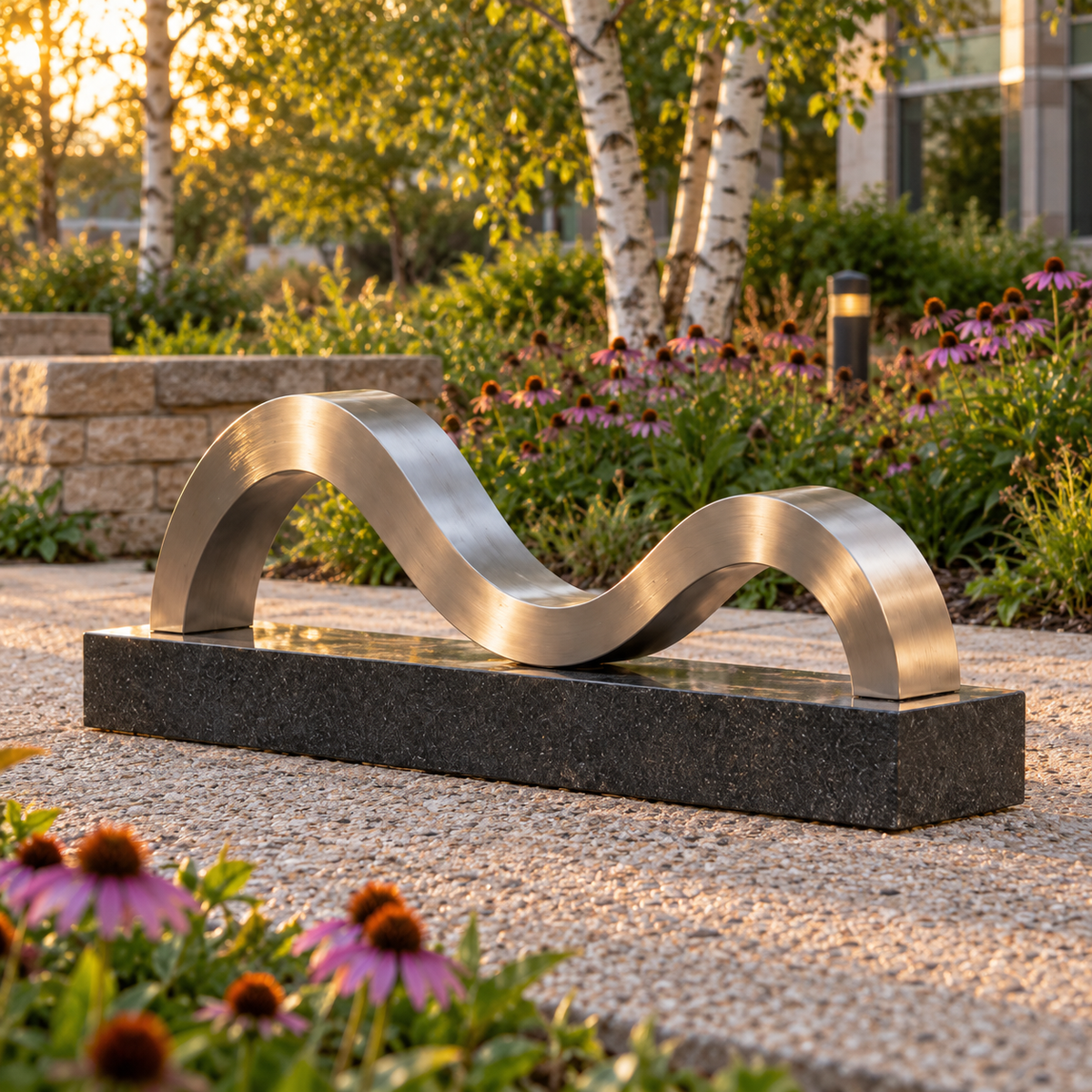 Opposite front three-quarter view of Continuing Shore brushed stainless steel ribbon memorial sculpture in a separate natural-light setting.