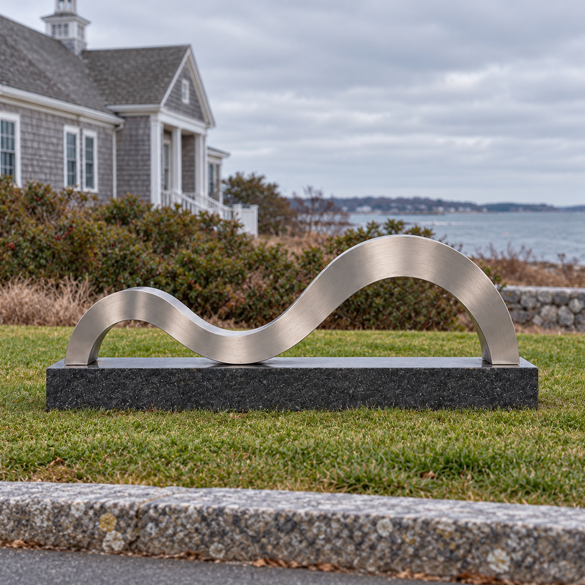 Rear view of Continuing Shore brushed stainless steel ribbon memorial sculpture, showing its back and base.
