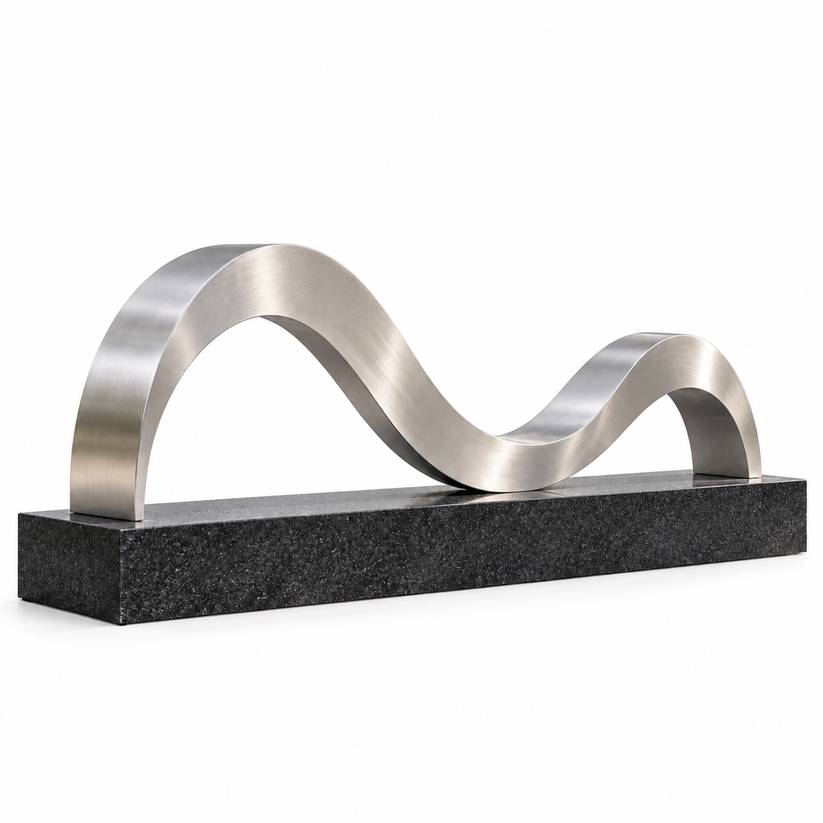 Continuing Shore brushed stainless steel ribbon memorial sculpture on a pure white background with its base and natural contact shadow.