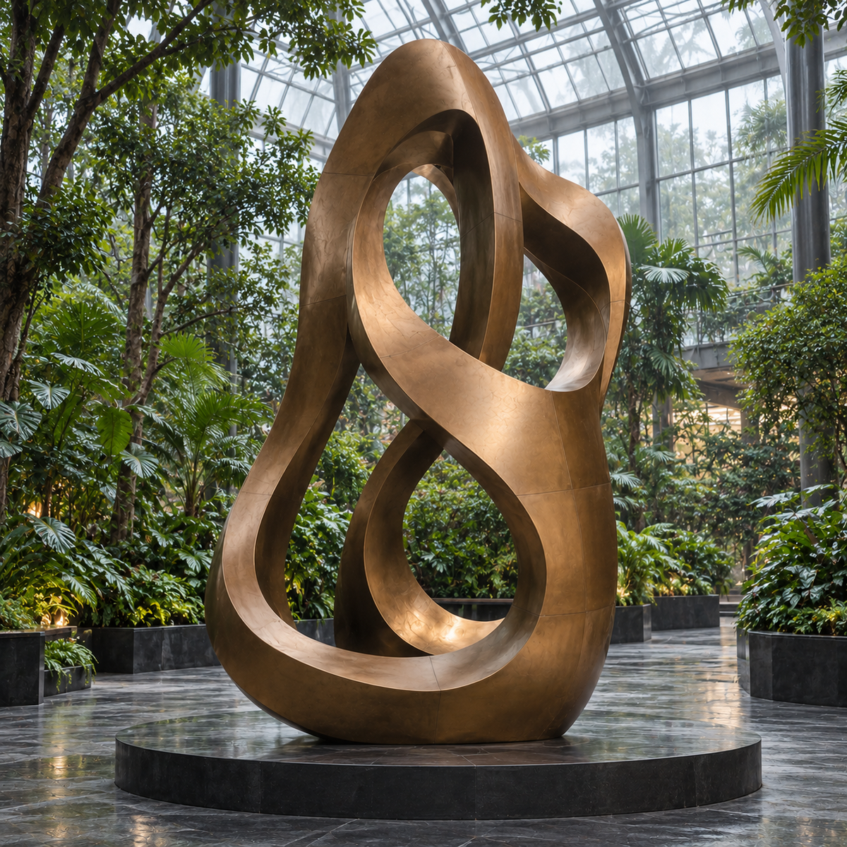 Continuum bronze abstract loop sculpture surrounded by tropical plants beneath the glass roof of a botanical conservatory.
