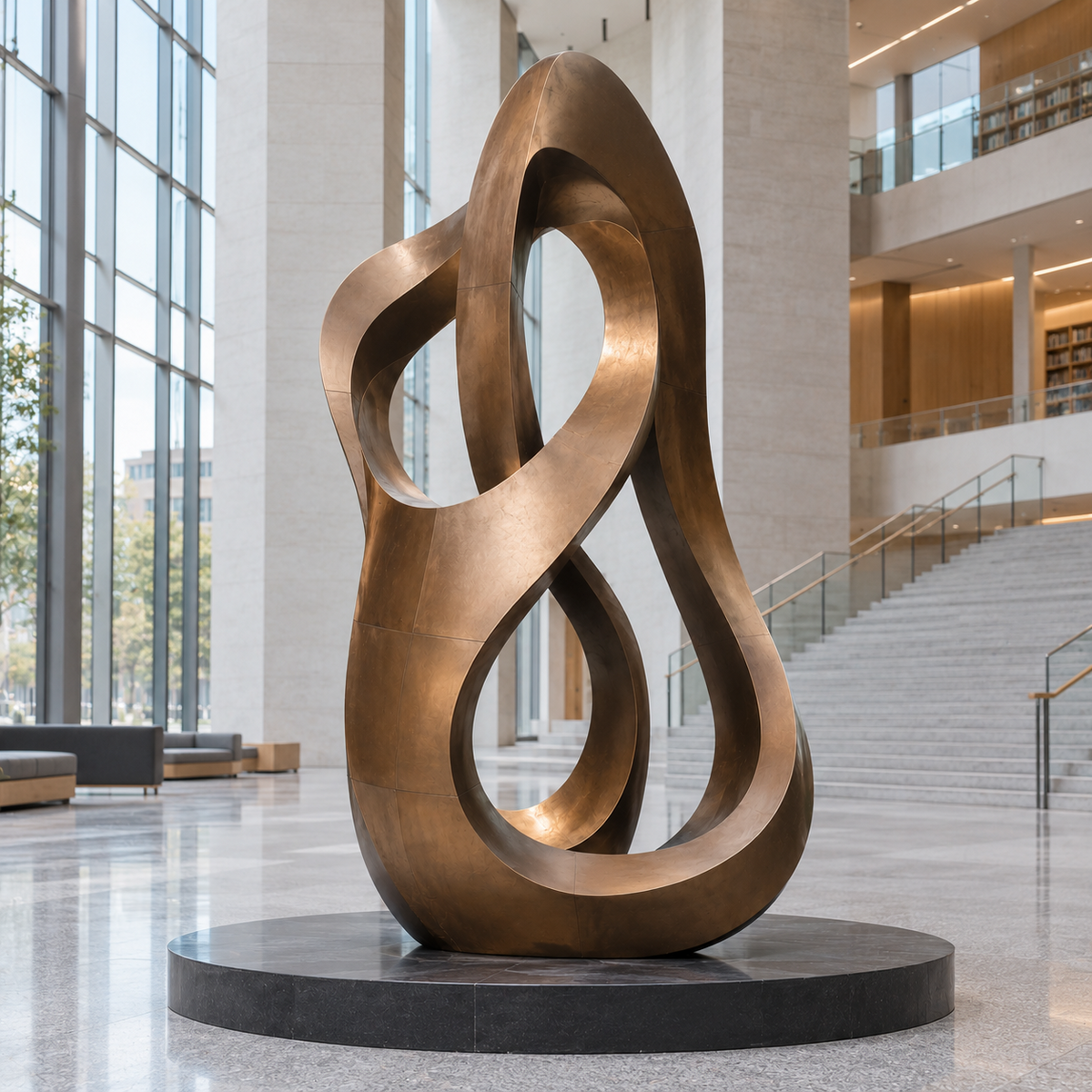 Continuum bronze abstract loop sculpture on a circular stone base in a bright library atrium with tall windows and a wide staircase.