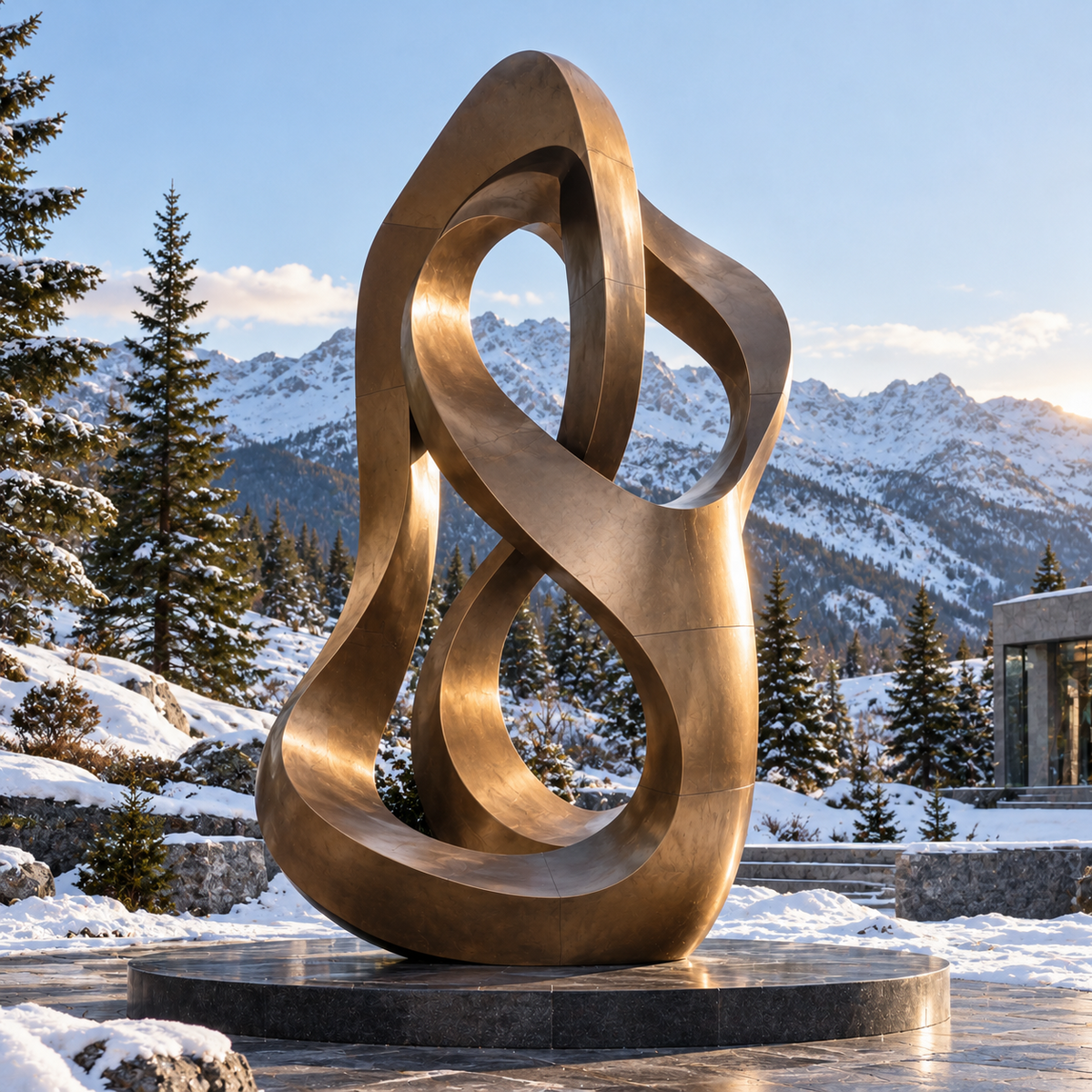 Continuum bronze abstract loop sculpture on a stone terrace with snow-covered evergreen trees and mountain peaks in the background.