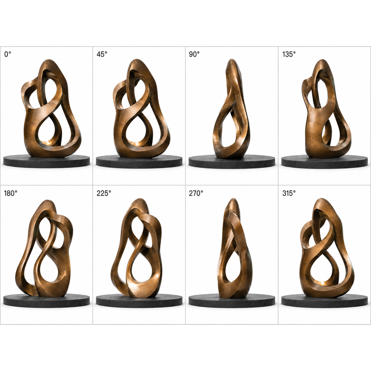 360 degree views of Continuum large bronze abstract loop sculpture shown from eight different angles