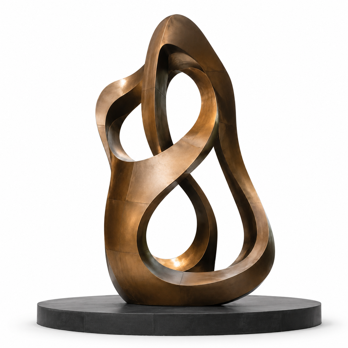 Continuum large bronze abstract loop sculpture on a white background featuring flowing interconnected forms
