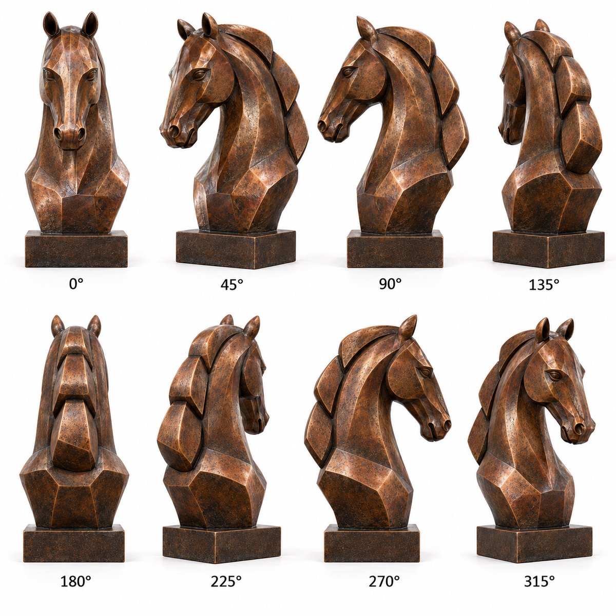 Eight labeled views of the Copper Crest warm bronze geometric horse bust sculpture, showing the front, sides and rear.