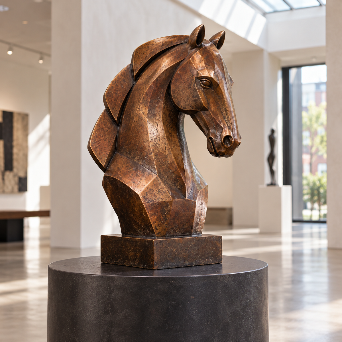 Opposite front three-quarter view of the warm bronze geometric horse bust sculpture in a New York design gallery.