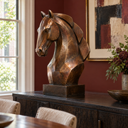 Copper Crest warm bronze geometric horse bust sculpture displayed in a Boston townhouse.